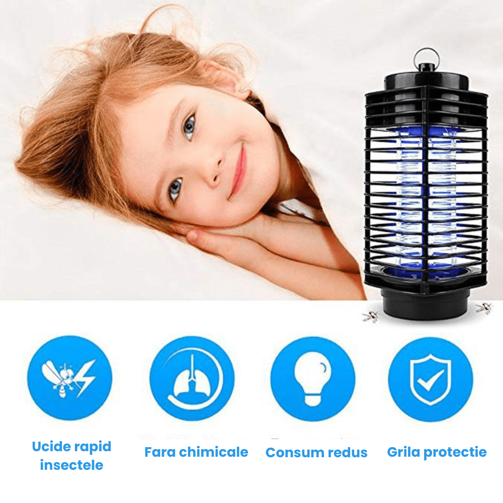 Lampa UV Anti Insecte HASEPE, Aparat Anti Tantari, Muste si Musculite, Capcana Electrica Silentioasa cu Radiatie 360°, Consum Redus, Interior Exterior, Negru, 11x25 cm - HASEPE