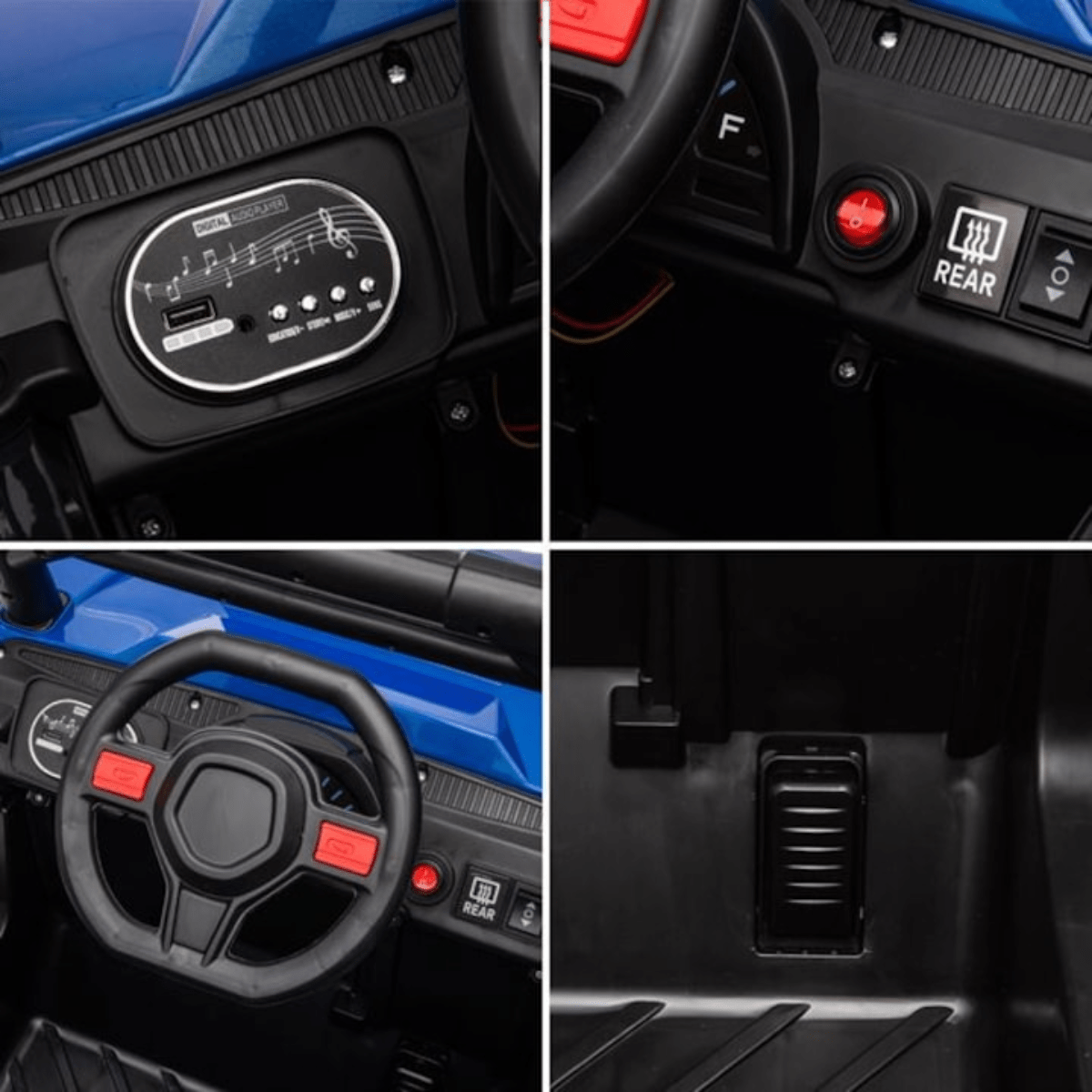Masina Electrica Copii Off - Road HASEPE, 12V, Tractiune Fata - Spate, Muzica si Claxon, Scaun Confortabil, Varsta 9 Luni - 3 Ani, Viteza 3 km/h, 110x65x67 cm, Negru/Albastru - HASEPE