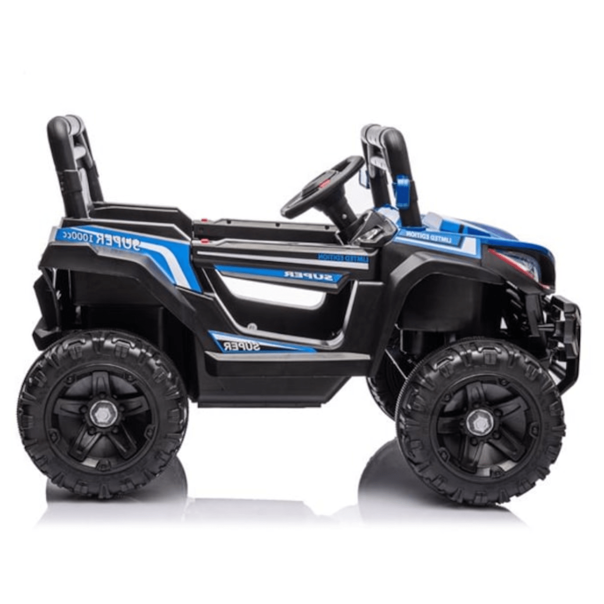 Masina Electrica Copii Off - Road HASEPE, 12V, Tractiune Fata - Spate, Muzica si Claxon, Scaun Confortabil, Varsta 9 Luni - 3 Ani, Viteza 3 km/h, 110x65x67 cm, Negru/Albastru - HASEPE