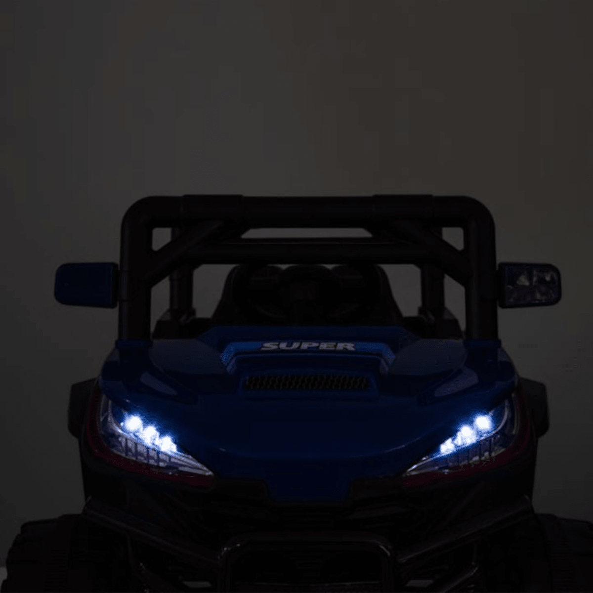 Masina Electrica Copii Off - Road HASEPE, 12V, Tractiune Fata - Spate, Muzica si Claxon, Scaun Confortabil, Varsta 9 Luni - 3 Ani, Viteza 3 km/h, 110x65x67 cm, Negru/Albastru - HASEPE