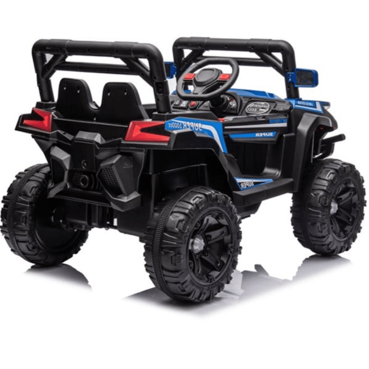 Masina Electrica Copii Off - Road HASEPE, 12V, Tractiune Fata - Spate, Muzica si Claxon, Scaun Confortabil, Varsta 9 Luni - 3 Ani, Viteza 3 km/h, 110x65x67 cm, Negru/Albastru - HASEPE