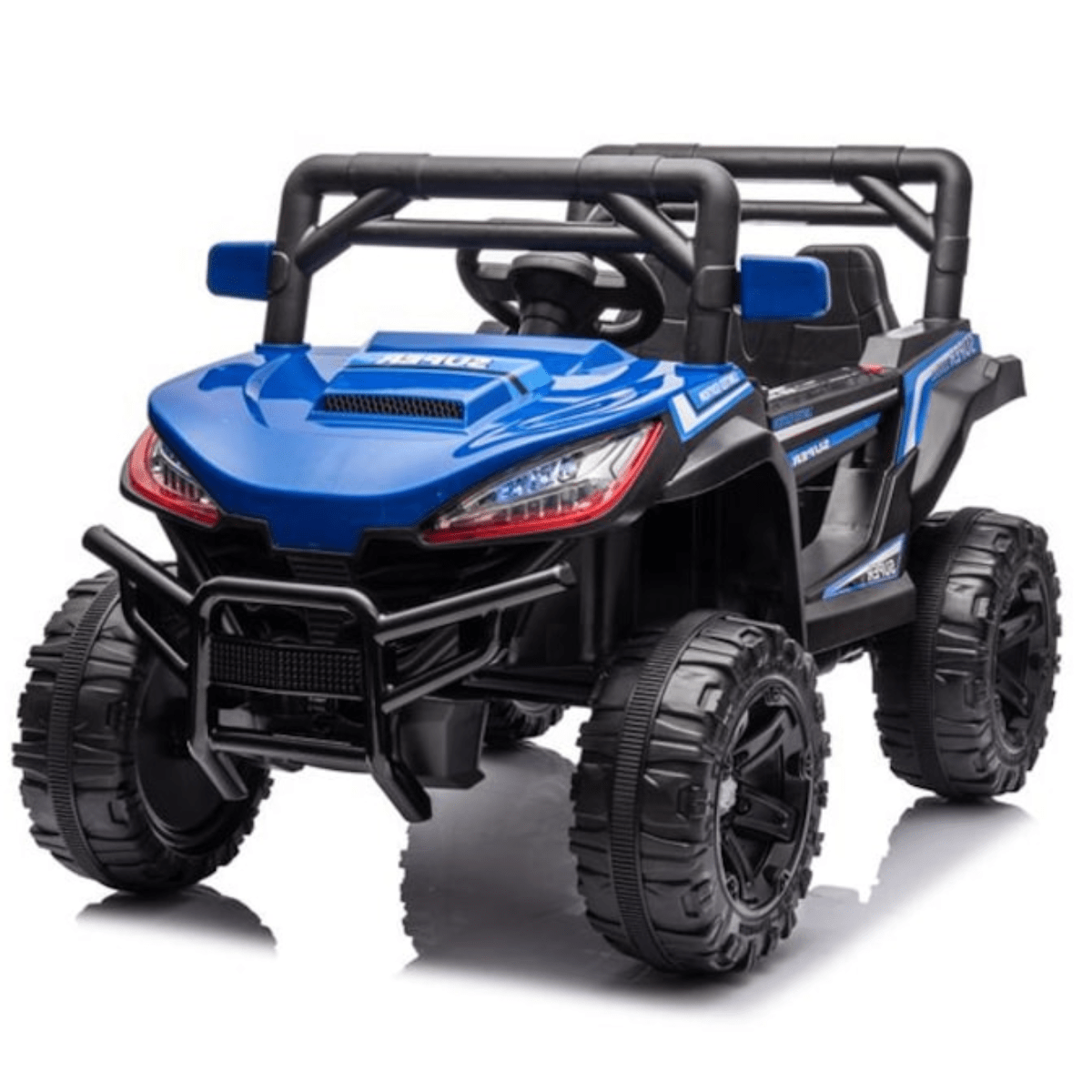 Masina Electrica Copii Off - Road HASEPE, 12V, Tractiune Fata - Spate, Muzica si Claxon, Scaun Confortabil, Varsta 9 Luni - 3 Ani, Viteza 3 km/h, 110x65x67 cm, Negru/Albastru - HASEPE