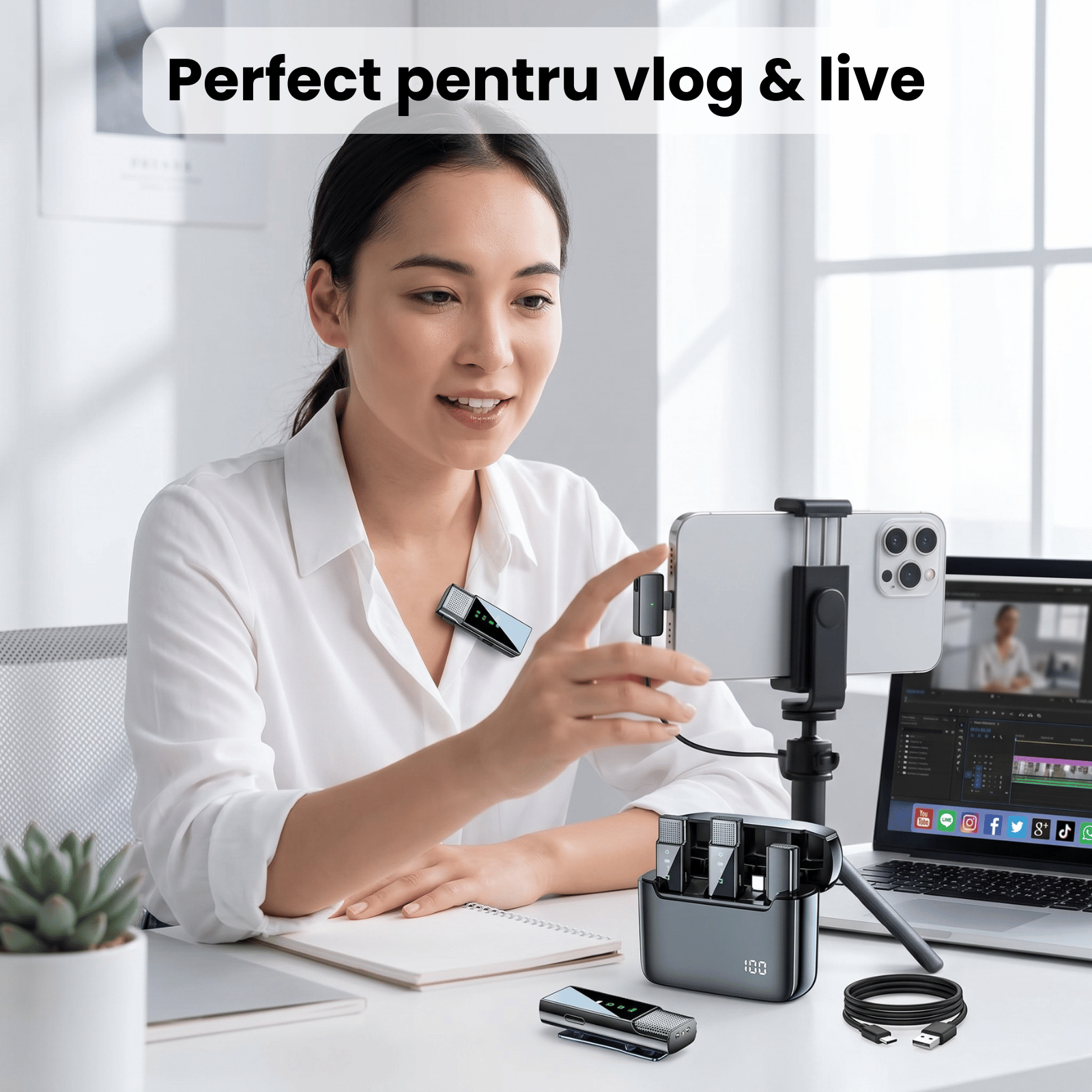 Set 2 Microfoane Lavaliera HASEPE® Wireless Cu Noise Cancellation, Microfon Lavaliera Pentru iPhone Plug And Play, Microfon Wireless Cu Afisaj LED, Microfon Lavaliera Pentru Live Streaming, Video, Pod - HASEPE