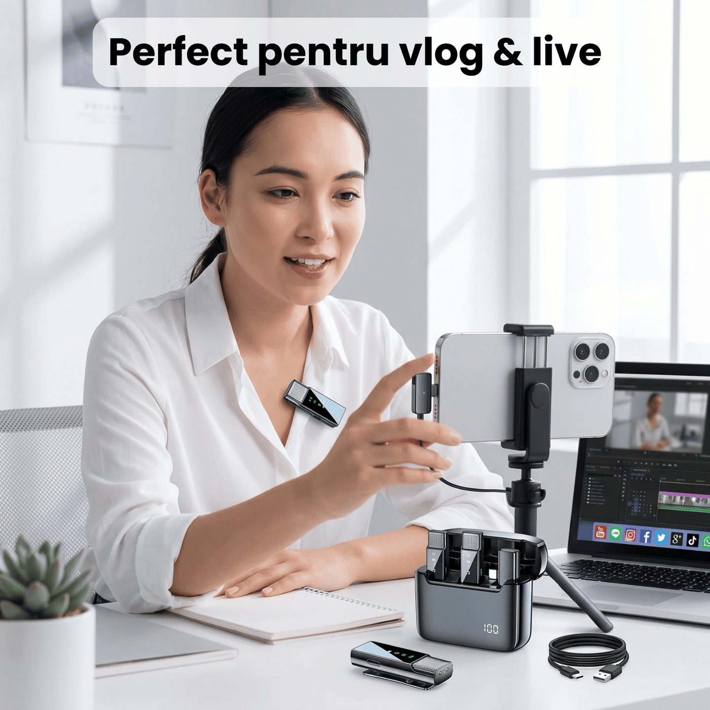 Set 2 Microfoane Lavaliera HASEPE® Wireless Cu Noise Cancellation, Microfon Lavaliera Pentru iPhone Plug And Play, Microfon Wireless Cu Afisaj LED, Microfon Lavaliera Pentru Live Streaming, Video, Pod - HASEPE