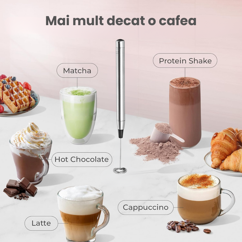 Mixer Spuma de Lapte Electric HASEPE, Otel Inoxidabil, Design Slim Portabil, Usor de Folosit, Ideal pentru Cafea, Latte, Cappuccino, Frappe, Matcha, Ciocolata Calda, Bauturi Crema, Functionare cu Bate