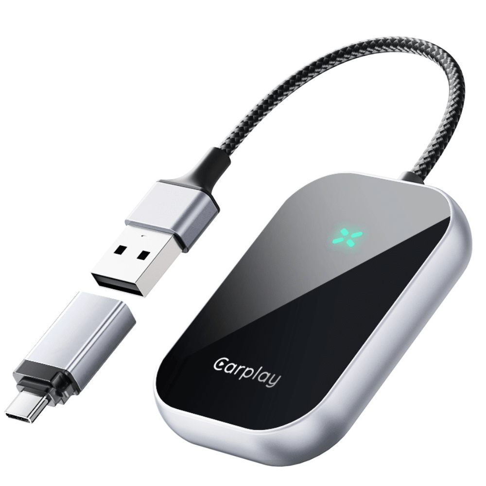 Modulator CarPlay Wireless si Android Auto Wireless HASEPE, Adaptor Auto 2 in 1, USB - C si USB normal, Plug & Play, Reconectare Automata, Compatibil iPhone si Android, Consum Redus, Gri - HASEPE