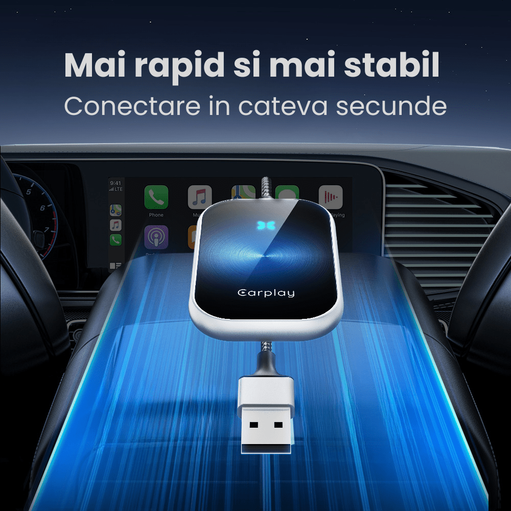 Modulator CarPlay Wireless si Android Auto Wireless HASEPE, Adaptor Auto 2 in 1, USB - C si USB normal, Plug & Play, Reconectare Automata, Compatibil iPhone si Android, Consum Redus, Gri - HASEPE