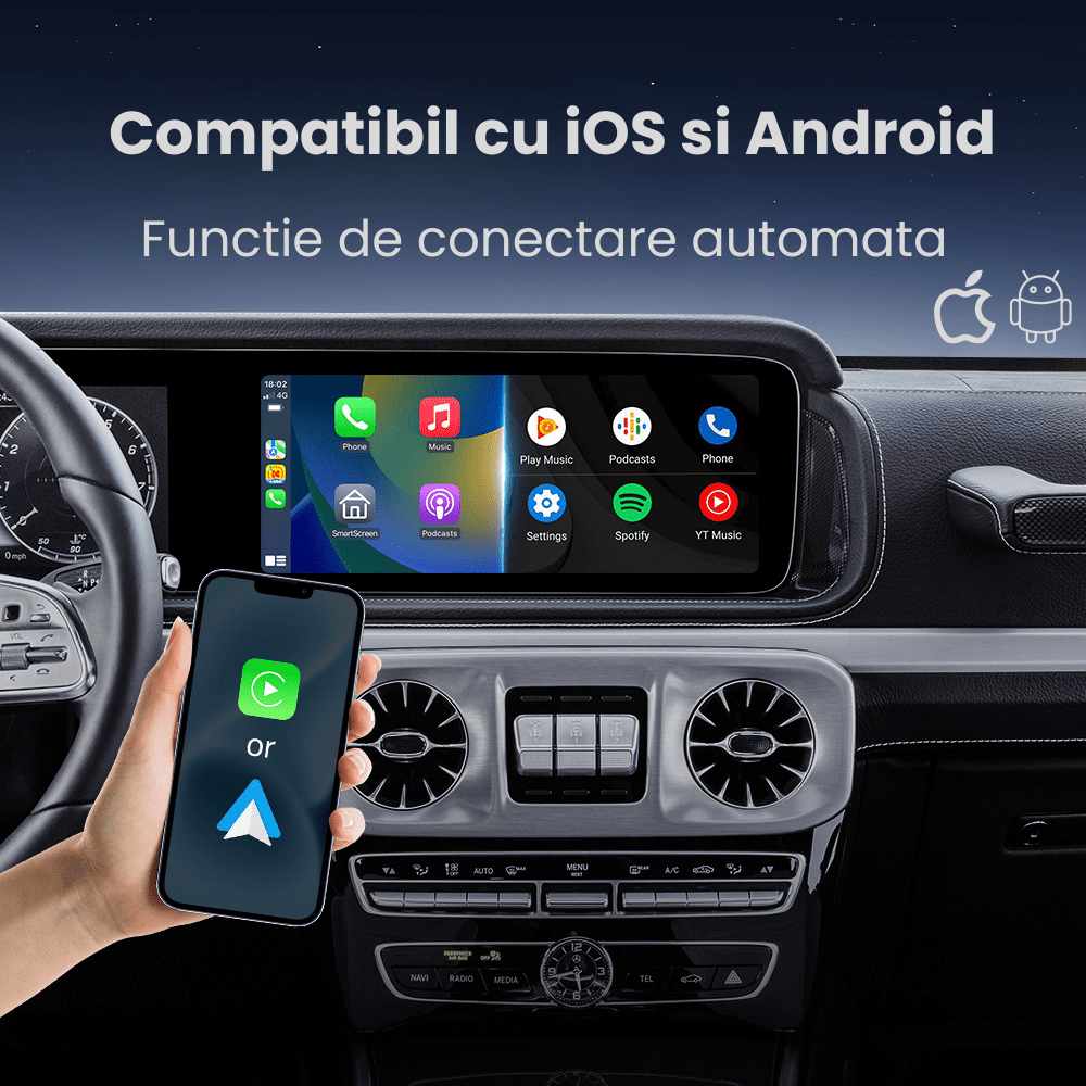 Modulator CarPlay Wireless si Android Auto Wireless HASEPE, Adaptor Auto 2 in 1, USB - C si USB normal, Plug & Play, Reconectare Automata, Compatibil iPhone si Android, Consum Redus, Gri - HASEPE