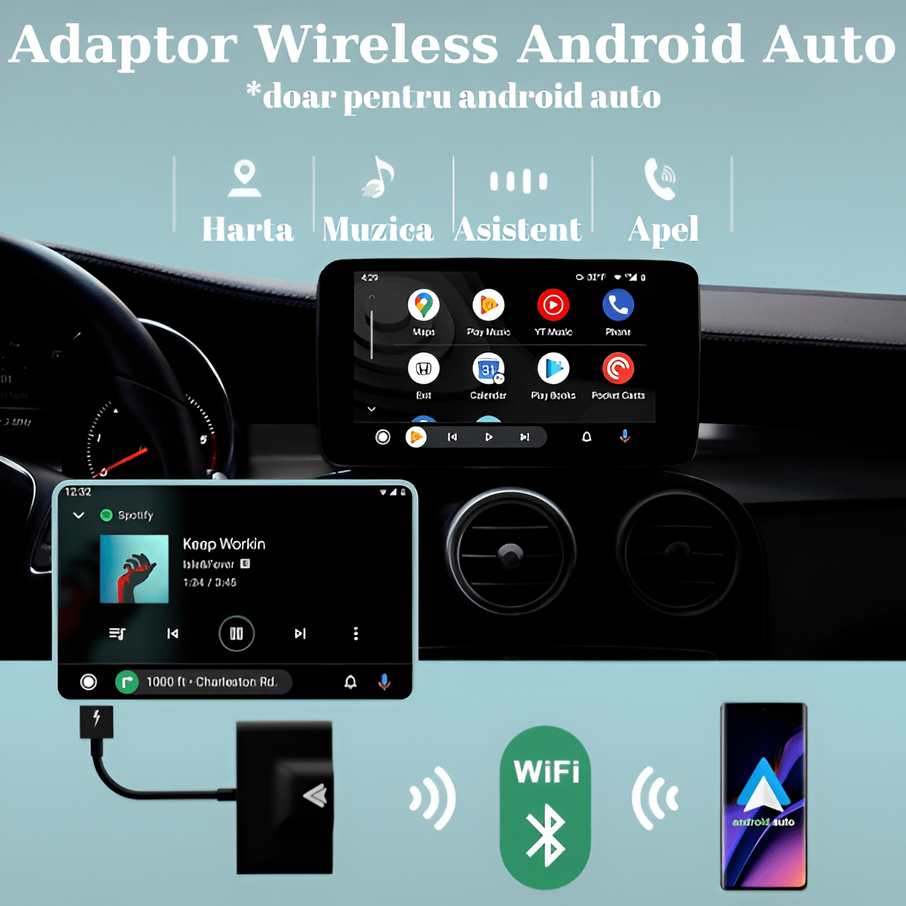 Modulator Android Auto Wireless HASEPE, USB si Type C, Plug & Play, Conectare Automata, Compatibil Android 11+, WiFi 5Ghz, Control Vocal, Compact Negru - HASEPE