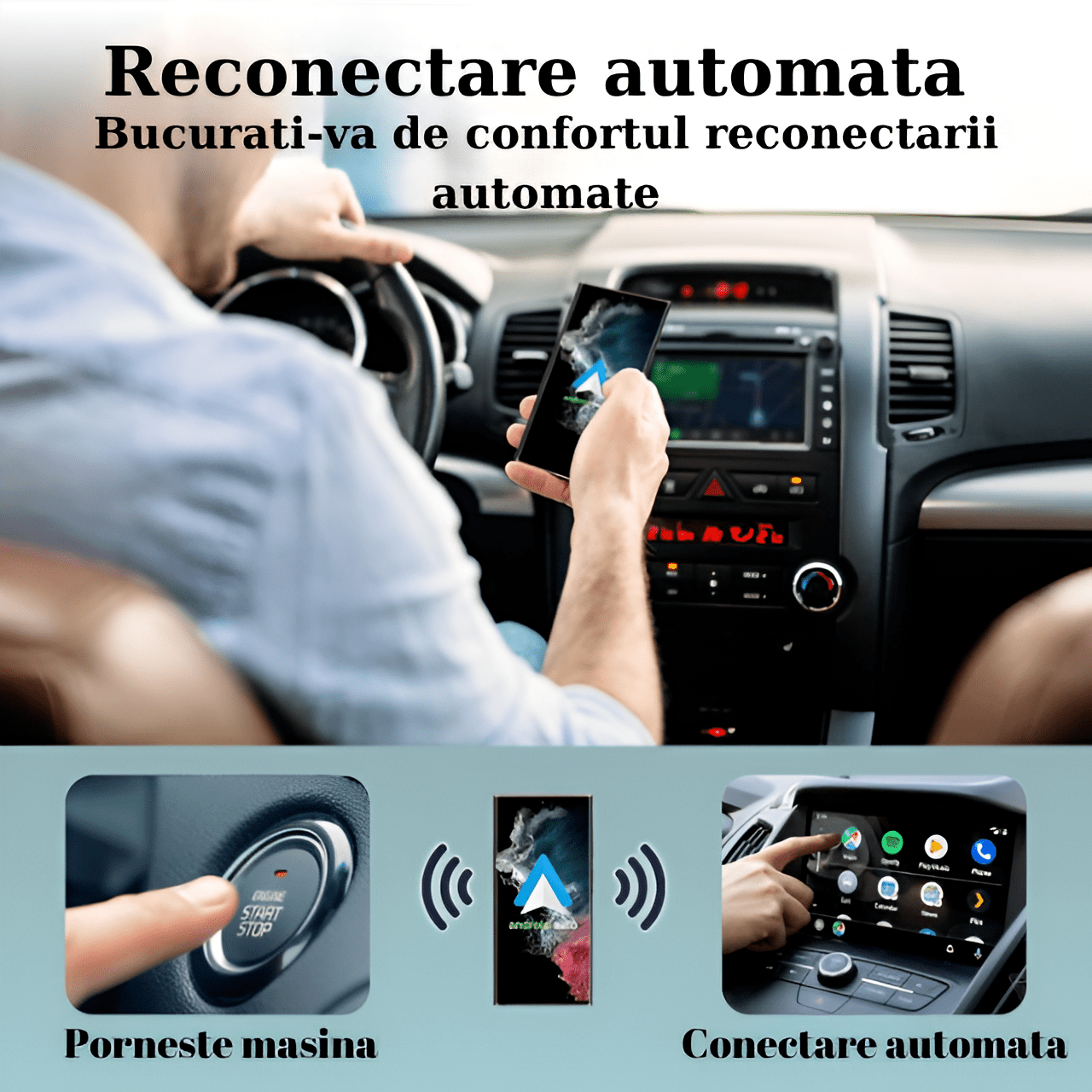 Modulator Android Auto Wireless HASEPE, USB si Type C, Plug & Play, Conectare Automata, Compatibil Android 11+, WiFi 5Ghz, Control Vocal, Compact Negru - HASEPE