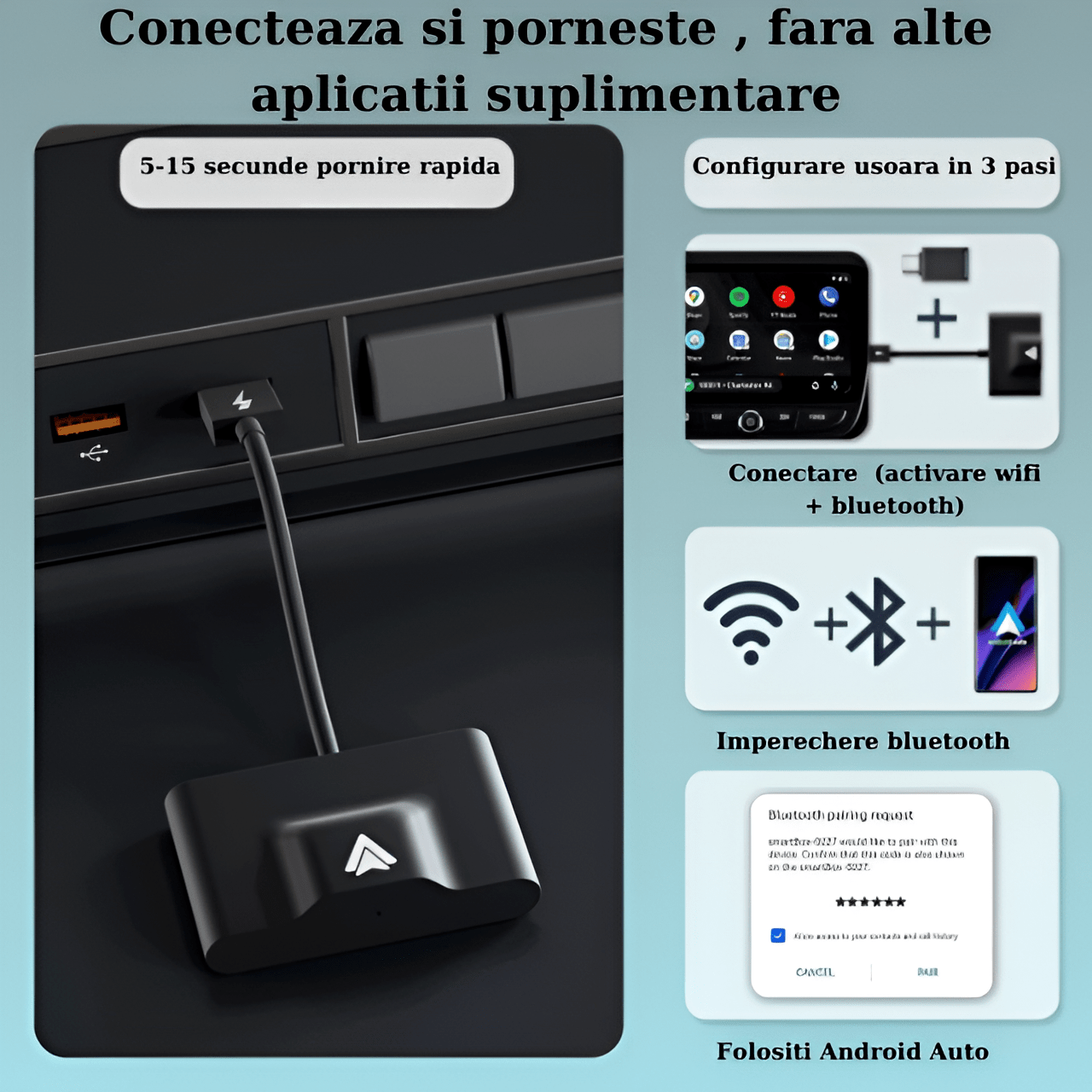 Modulator Android Auto Wireless HASEPE, USB si Type C, Plug & Play, Conectare Automata, Compatibil Android 11+, WiFi 5Ghz, Control Vocal, Compact Negru - HASEPE
