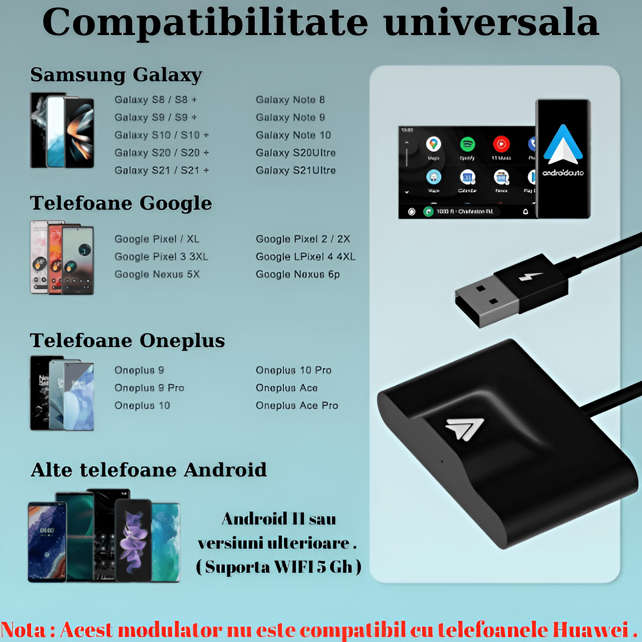 Modulator Android Auto Wireless HASEPE, USB si Type C, Plug & Play, Conectare Automata, Compatibil Android 11+, WiFi 5Ghz, Control Vocal, Compact Negru - HASEPE