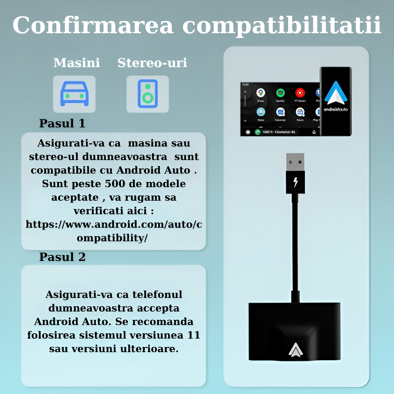 Modulator Android Auto Wireless HASEPE, USB si Type C, Plug & Play, Conectare Automata, Compatibil Android 11+, WiFi 5Ghz, Control Vocal, Compact Negru - HASEPE
