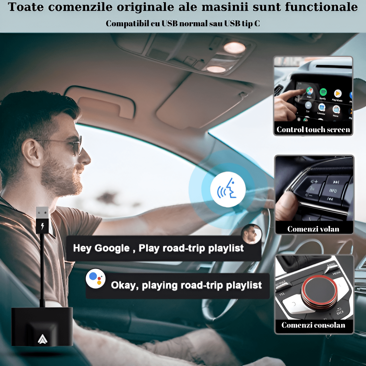 Modulator Android Auto Wireless HASEPE, USB si Type C, Plug & Play, Conectare Automata, Compatibil Android 11+, WiFi 5Ghz, Control Vocal, Compact Negru - HASEPE