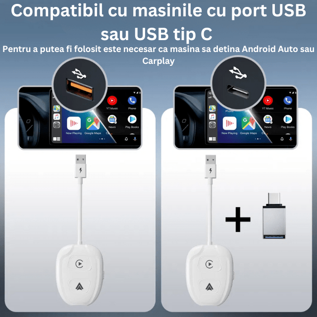 Modulator CarPlay si Android Auto Wireless HASEPE, Adaptor Smart USB si USB - C Plug & Play, Conectare Automata, Compatibil iPhone si Android, Consum Redus de Energie, Multifunctional, Alb Premium - HASEPE
