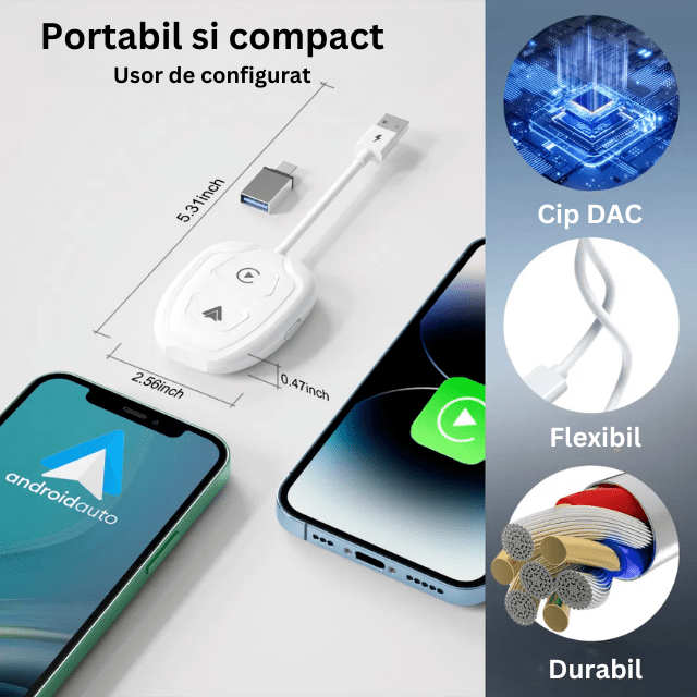 Modulator CarPlay si Android Auto Wireless HASEPE, Adaptor Smart USB si USB - C Plug & Play, Conectare Automata, Compatibil iPhone si Android, Consum Redus de Energie, Multifunctional, Alb Premium - HASEPE