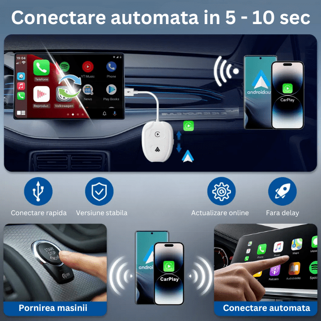 Modulator CarPlay si Android Auto Wireless HASEPE, Adaptor Smart USB si USB - C Plug & Play, Conectare Automata, Compatibil iPhone si Android, Consum Redus de Energie, Multifunctional, Alb Premium - HASEPE