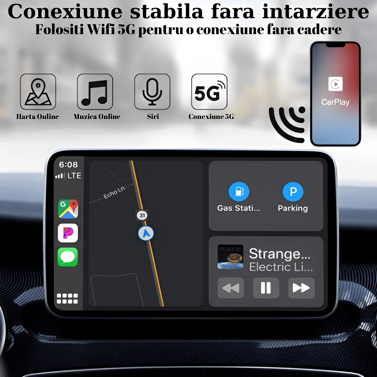 Modulator CarPlay Wireless HASEPE, USB/USB - C, Reconectare Automata, Siri, GPS Online, Muzica si Mesaje, Compatibil iOS 10+, Conexiune WiFi 5GHz, Design Compact Negru - HASEPE