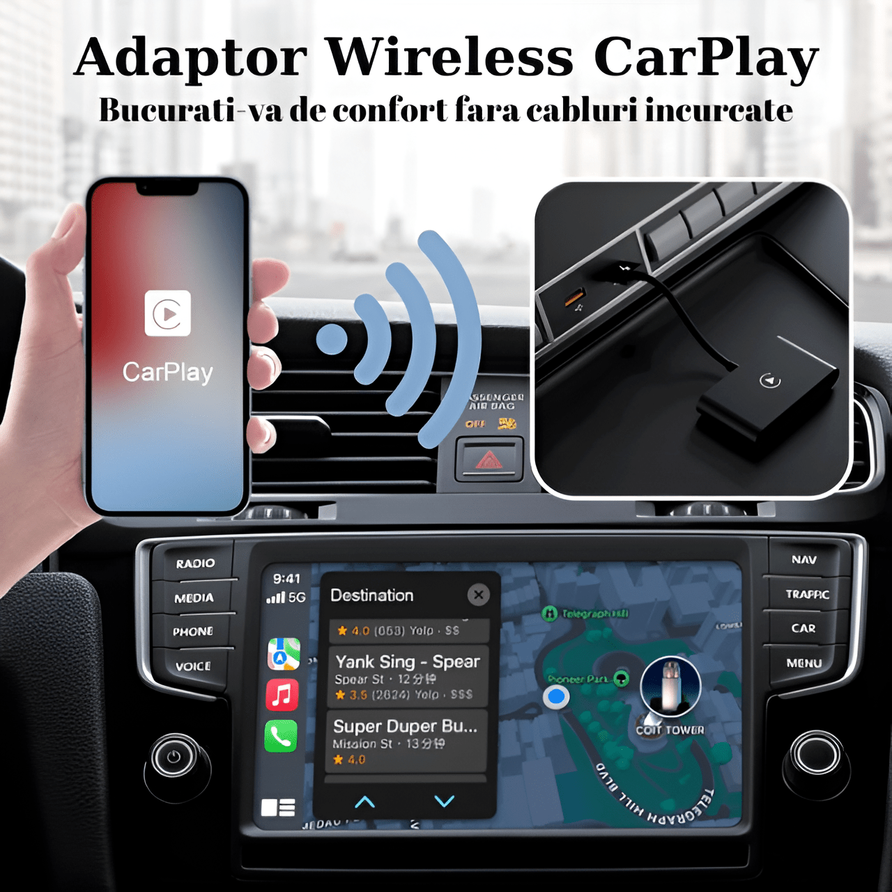 Modulator CarPlay Wireless HASEPE, USB/USB - C, Reconectare Automata, Siri, GPS Online, Muzica si Mesaje, Compatibil iOS 10+, Conexiune WiFi 5GHz, Design Compact Negru - HASEPE