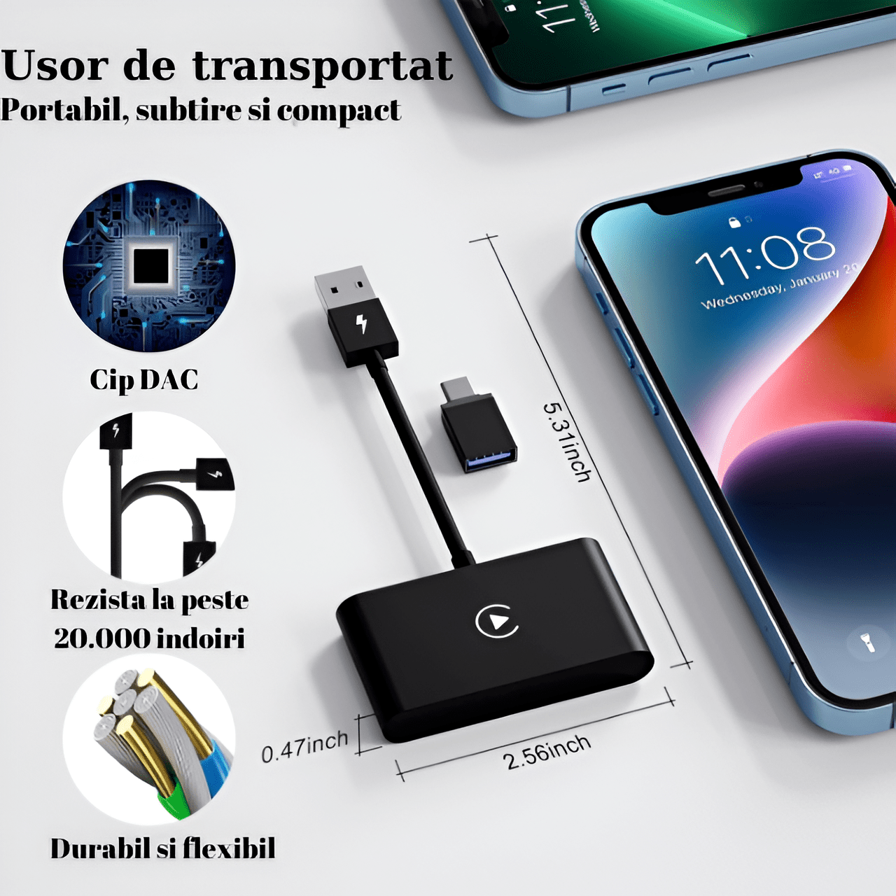 Modulator CarPlay Wireless HASEPE, USB/USB - C, Reconectare Automata, Siri, GPS Online, Muzica si Mesaje, Compatibil iOS 10+, Conexiune WiFi 5GHz, Design Compact Negru - HASEPE