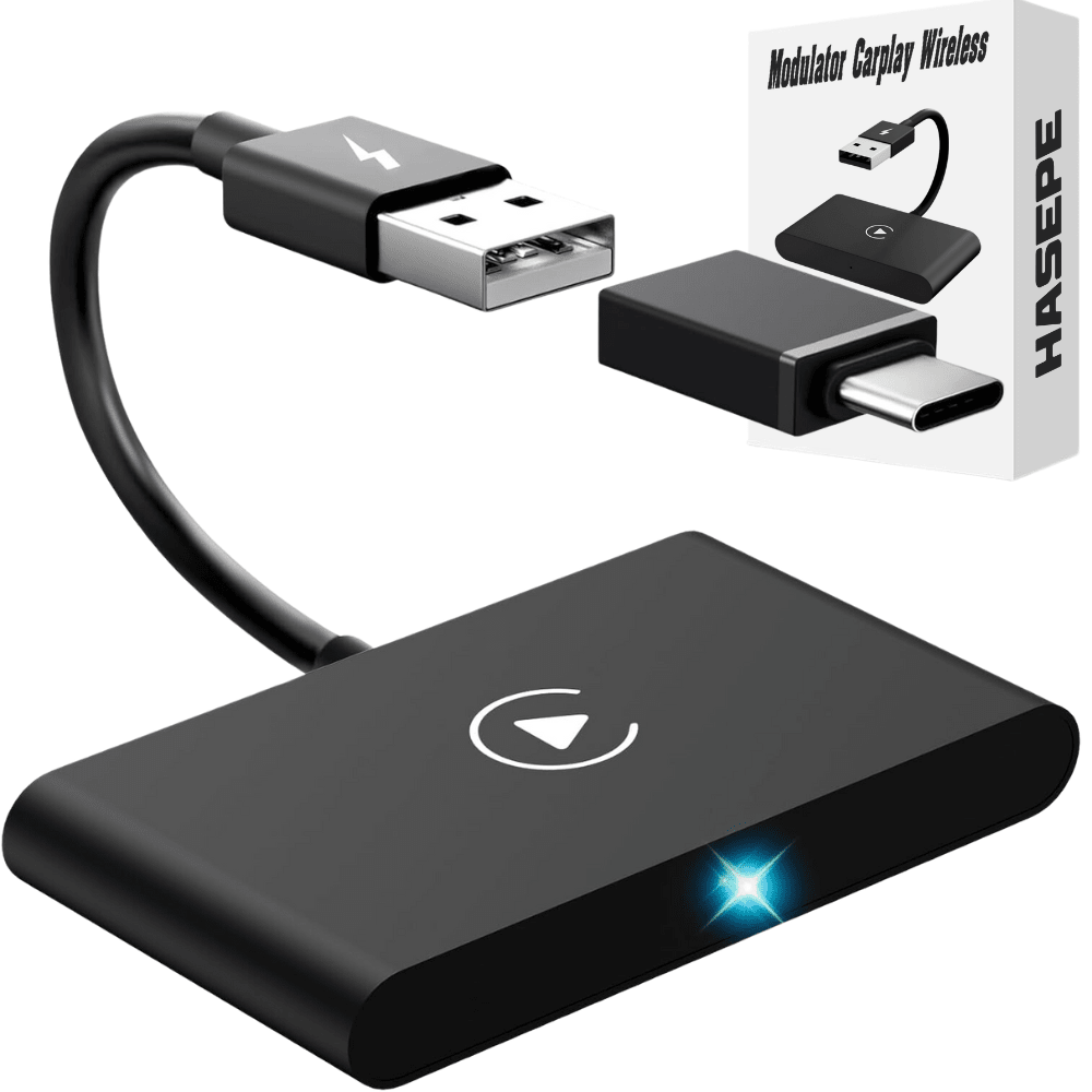 Modulator CarPlay Wireless HASEPE, USB/USB - C, Reconectare Automata, Siri, GPS Online, Muzica si Mesaje, Compatibil iOS 10+, Conexiune WiFi 5GHz, Design Compact Negru - HASEPE