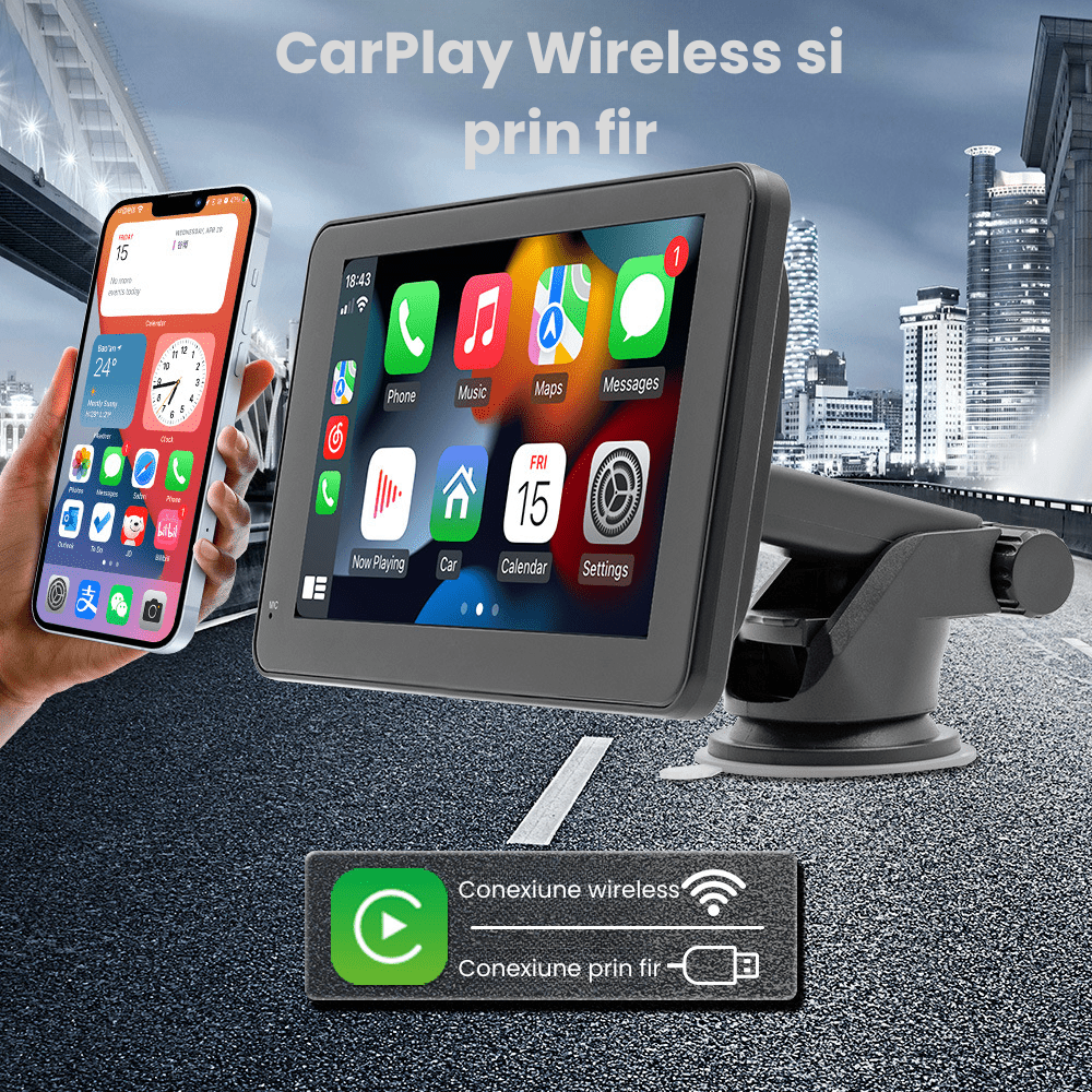 Navigatie Auto HASEPE cu Display 7 inch, CarPlay Wireless, Android Auto Wireless, Bluetooth, MirrorLink, Tableta Masina Touchscreen, Compatibil Universal, Negru - HASEPE