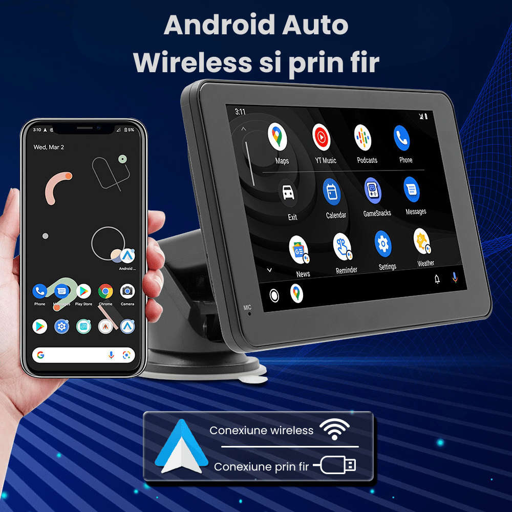 Navigatie Auto HASEPE cu Display 7 inch, CarPlay Wireless, Android Auto Wireless, Bluetooth, MirrorLink, Tableta Masina Touchscreen, Compatibil Universal, Negru - HASEPE