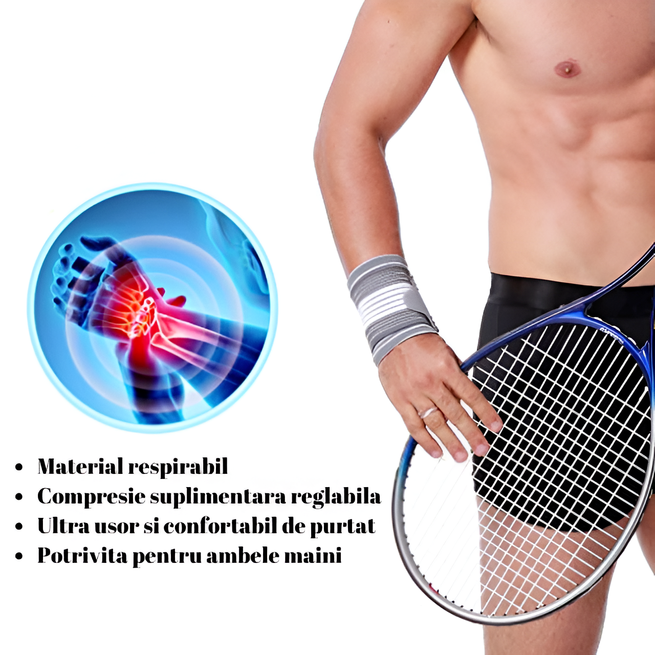 Orteza Mana HASEPE, Banda Ajustabila cu Velcro, Suport pentru Incheietura, Unisex, Marime Universala, Compatibila Mana Stanga si Dreapta, Confort Zilnic si Sport, Gri/Alb