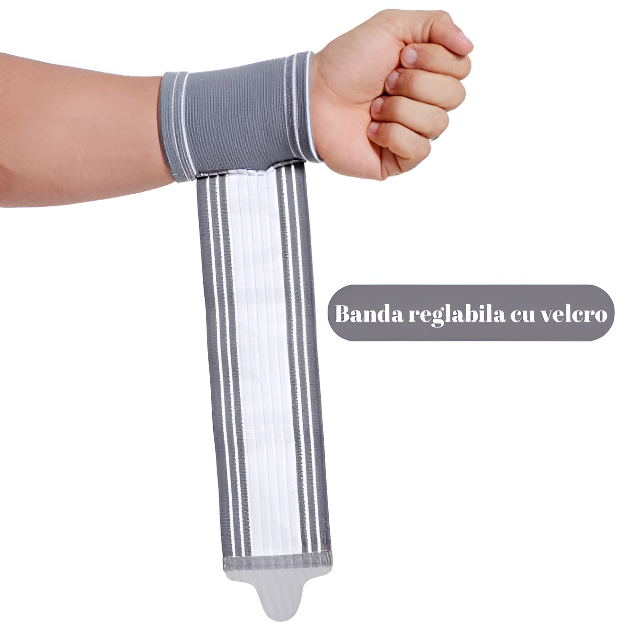 Orteza Mana HASEPE, Banda Ajustabila cu Velcro, Suport pentru Incheietura, Unisex, Marime Universala, Compatibila Mana Stanga si Dreapta, Confort Zilnic si Sport, Gri/Alb