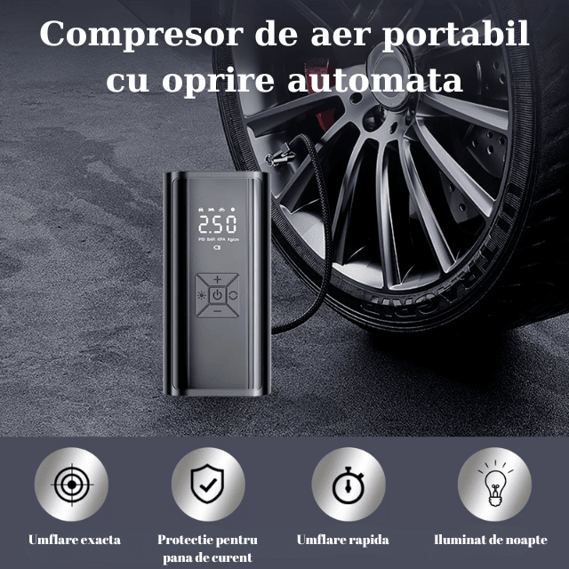 Pompa Aer Auto Electrica HASEPE, Compresor Portabil 150 PSI (10.3 bar), Afisaj Digital LCD, Lanterna LED, Baterie 4500 mAh, Reincarcare USB - C sau la Bricheta, Oprire Automata, 4 Moduri Umflare, Negru - HASEPE
