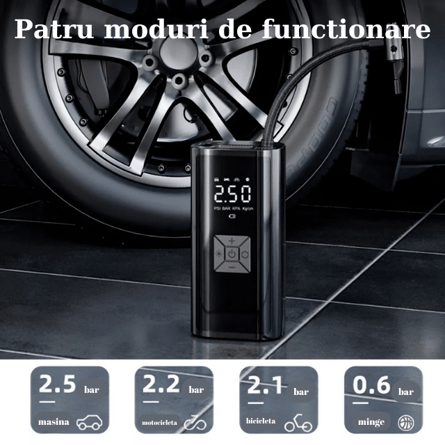 Pompa Aer Auto Electrica HASEPE, Compresor Portabil 150 PSI (10.3 bar), Afisaj Digital LCD, Lanterna LED, Baterie 4500 mAh, Reincarcare USB - C sau la Bricheta, Oprire Automata, 4 Moduri Umflare, Negru - HASEPE