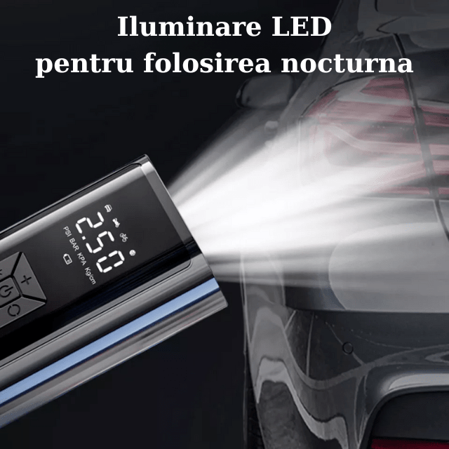 Pompa Aer Auto Electrica HASEPE, Compresor Portabil 150 PSI (10.3 bar), Afisaj Digital LCD, Lanterna LED, Baterie 4500 mAh, Reincarcare USB - C sau la Bricheta, Oprire Automata, 4 Moduri Umflare, Negru - HASEPE