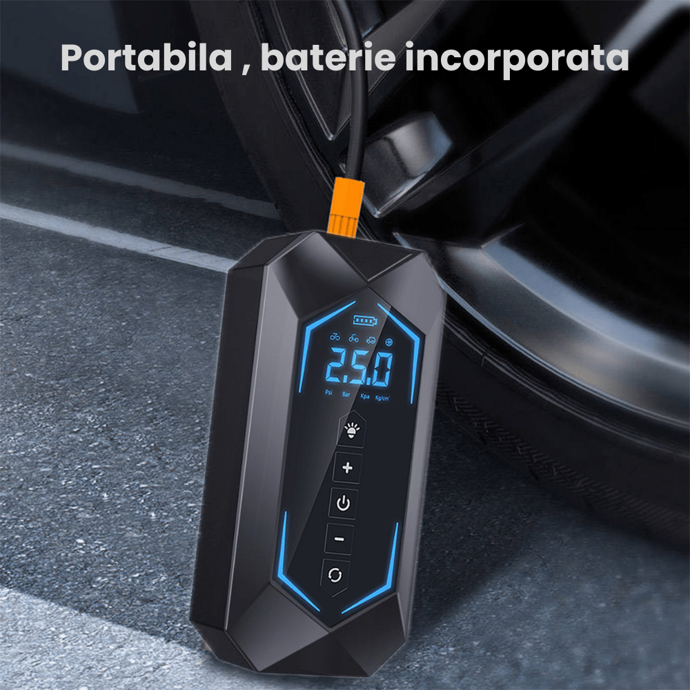 Pompa Aer Auto Electrica HASEPE2, Compresor Portabil 150 PSI (10.3 bar), Afisaj Digital LCD, Umflare Rapida 70L/min, Baterie 5400 mAh, Incarcare Telefon, Lanterna LED, Reincarcare USB/Priza Auto, Negr - HASEPE