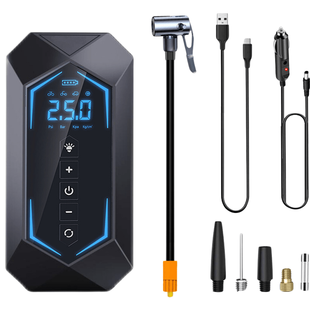 Pompa Aer Auto Electrica HASEPE2, Compresor Portabil 150 PSI (10.3 bar), Afisaj Digital LCD, Umflare Rapida 70L/min, Baterie 5400 mAh, Incarcare Telefon, Lanterna LED, Reincarcare USB/Priza Auto, Negr - HASEPE