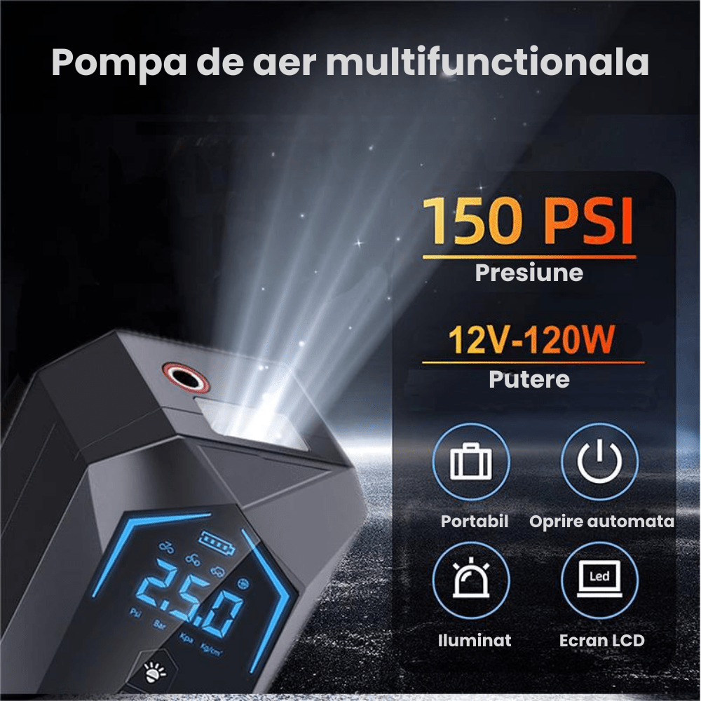 Pompa Aer Auto Electrica HASEPE2, Compresor Portabil 150 PSI (10.3 bar), Afisaj Digital LCD, Umflare Rapida 70L/min, Baterie 5400 mAh, Incarcare Telefon, Lanterna LED, Reincarcare USB/Priza Auto, Negr - HASEPE