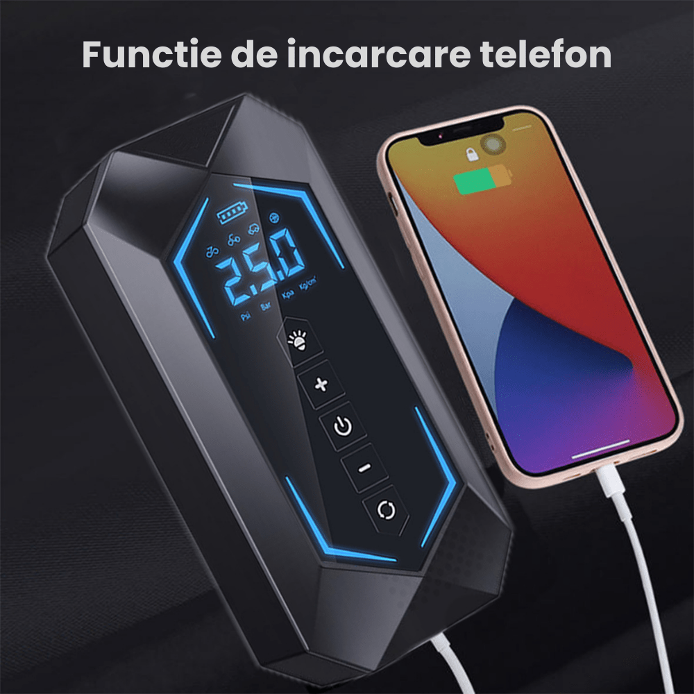 Pompa Aer Auto Electrica HASEPE2, Compresor Portabil 150 PSI (10.3 bar), Afisaj Digital LCD, Umflare Rapida 70L/min, Baterie 5400 mAh, Incarcare Telefon, Lanterna LED, Reincarcare USB/Priza Auto, Negr - HASEPE