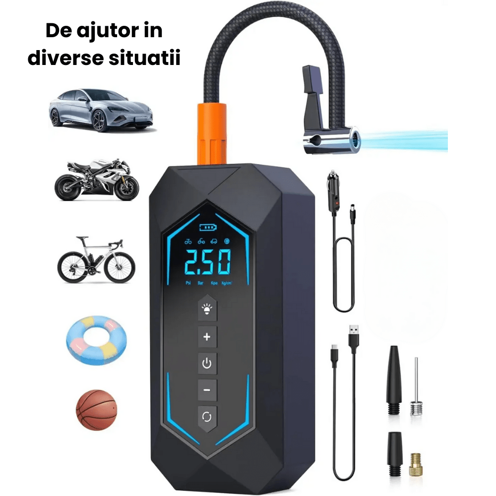 Pompa Aer Auto Electrica HASEPE2, Compresor Portabil 150 PSI (10.3 bar), Afisaj Digital LCD, Umflare Rapida 70L/min, Baterie 5400 mAh, Incarcare Telefon, Lanterna LED, Reincarcare USB/Priza Auto, Negr - HASEPE
