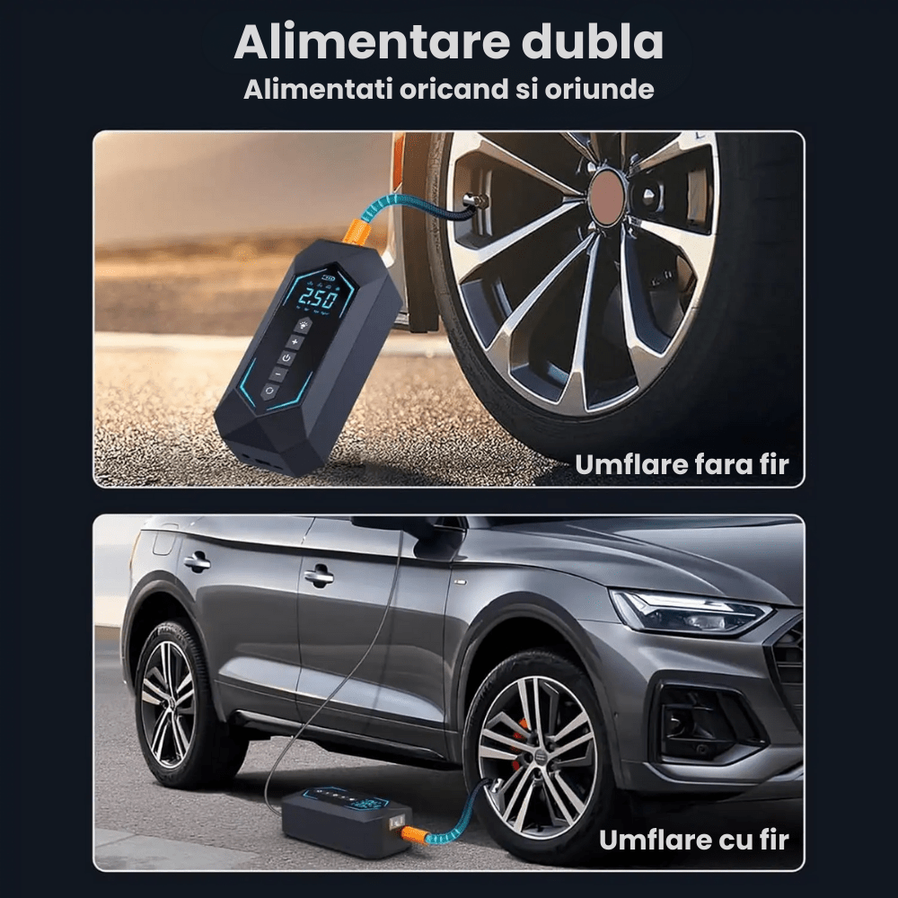 Pompa Aer Auto Electrica HASEPE2, Compresor Portabil 150 PSI (10.3 bar), Afisaj Digital LCD, Umflare Rapida 70L/min, Baterie 5400 mAh, Incarcare Telefon, Lanterna LED, Reincarcare USB/Priza Auto, Negr - HASEPE
