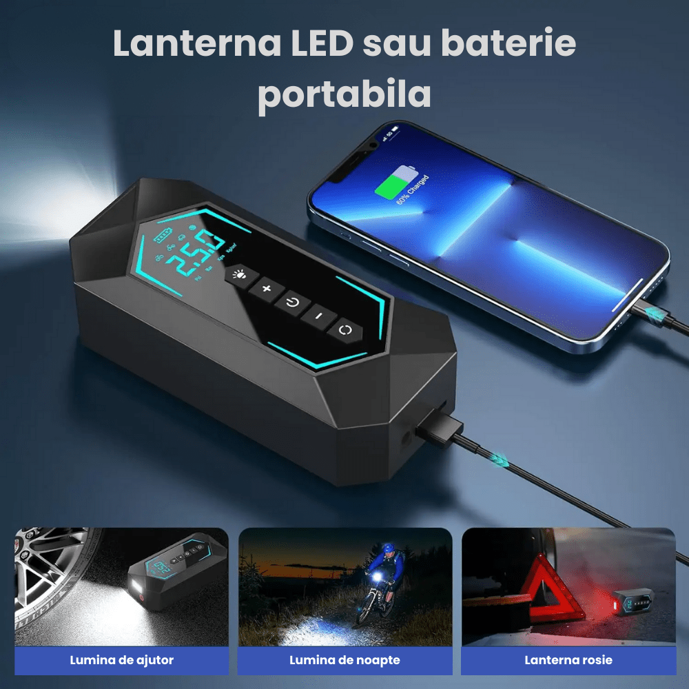 Pompa Aer Auto Electrica HASEPE2, Compresor Portabil 150 PSI (10.3 bar), Afisaj Digital LCD, Umflare Rapida 70L/min, Baterie 5400 mAh, Incarcare Telefon, Lanterna LED, Reincarcare USB/Priza Auto, Negr - HASEPE