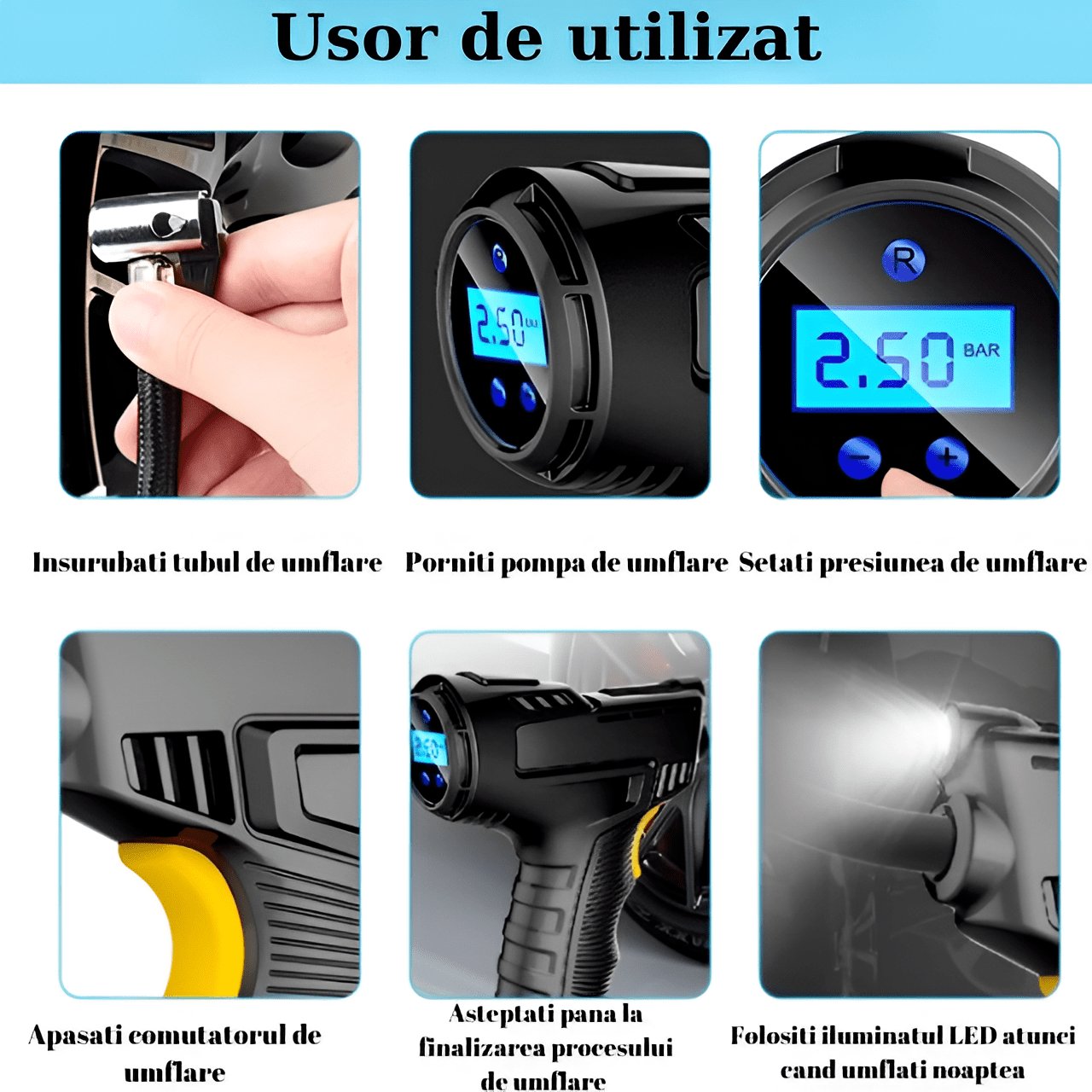 Pompa Aer Auto Electrica Home Sweet Paradise®, Compresor 150 PSI, Afisaj Digital LCD, Oprire Automata, Lanterna LED, Alimentare la Bricheta Masinii 12V, 120W, 25L/min, Negru - HASEPE