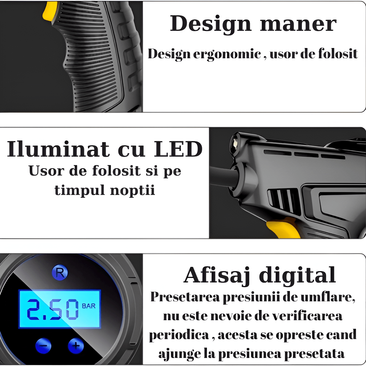 Pompa Aer Auto Electrica Home Sweet Paradise®, Compresor 150 PSI, Afisaj Digital LCD, Oprire Automata, Lanterna LED, Alimentare la Bricheta Masinii 12V, 120W, 25L/min, Negru - HASEPE