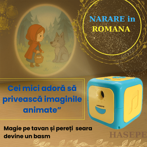 Proiector Povesti HASEPE® Cu Narare In Limba Romana, Proiector Povesti Cu 8 Discuri Si 8 Melodii Leagan, Lampa Veghe Copii, Cub Proiector Povesti Pentru Tavan Sau Perete, Joc Educativ Interactiv - HASEPE