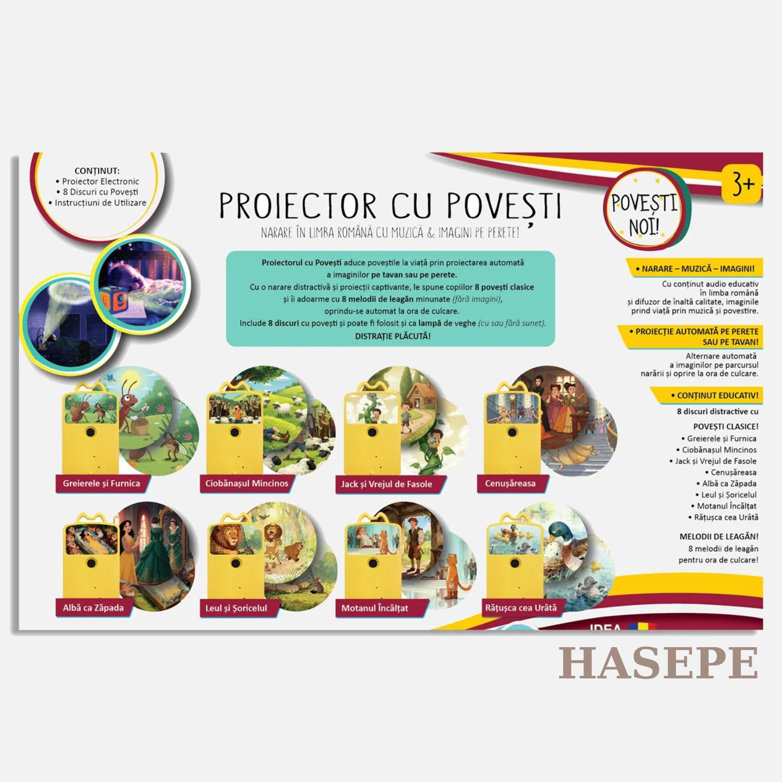 Proiector Povesti HASEPE® Cu Narare In Limba Romana, Proiector Povesti Cu 8 Discuri Si 8 Melodii Leagan, Lampa Veghe Copii, Cub Proiector Povesti Pentru Tavan Sau Perete, Joc Educativ Interactiv - HASEPE