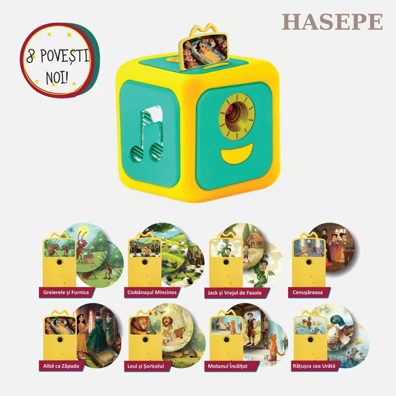 Proiector Povesti HASEPE® Cu Narare In Limba Romana, Proiector Povesti Cu 8 Discuri Si 8 Melodii Leagan, Lampa Veghe Copii, Cub Proiector Povesti Pentru Tavan Sau Perete, Joc Educativ Interactiv - HASEPE