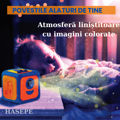 Proiector Povesti HASEPE® Cu Narare In Limba Romana, Proiector Povesti Cu 8 Discuri Si 8 Melodii Leagan, Lampa Veghe Copii, Cub Proiector Povesti Pentru Tavan Sau Perete, Joc Educativ Interactiv - HASEPE
