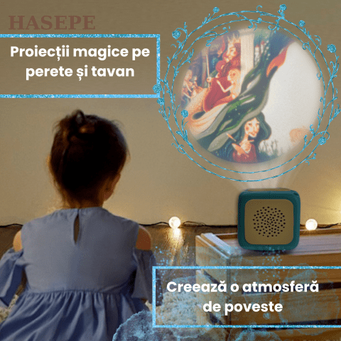 Proiector Povesti HASEPE® Cu Narare In Limba Romana, Proiector Povesti Cu 8 Discuri Si 8 Melodii Leagan, Lampa Veghe Copii, Cub Proiector Povesti Pentru Tavan Sau Perete, Joc Educativ Interactiv - HASEPE