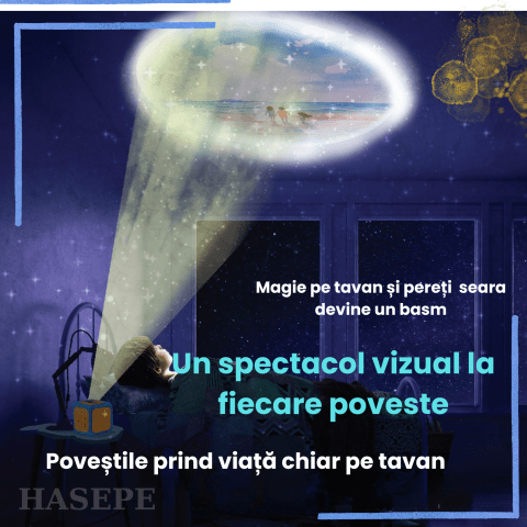 Proiector Povesti HASEPE® Cu Narare In Limba Romana, Proiector Povesti Cu 8 Discuri Si 8 Melodii Leagan, Lampa Veghe Copii, Cub Proiector Povesti Pentru Tavan Sau Perete, Joc Educativ Interactiv - HASEPE