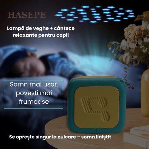 Proiector Povesti HASEPE® Cu Narare In Limba Romana, Proiector Povesti Cu 8 Discuri Si 8 Melodii Leagan, Lampa Veghe Copii, Cub Proiector Povesti Pentru Tavan Sau Perete, Joc Educativ Interactiv - HASEPE