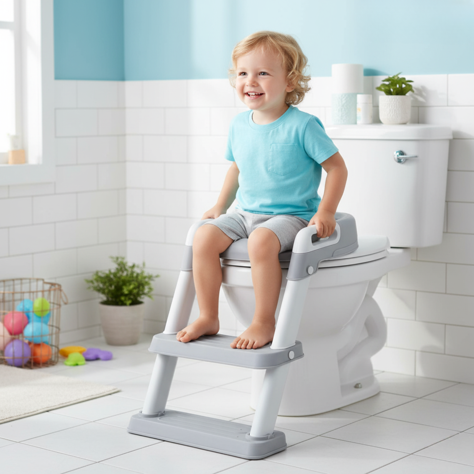 Reductor WC copii cu scarita HASEPE, pliabil, cu trepte si manere antiderapante, sezut moale PU pentru confort sporit, sigur si usor de depozitat
