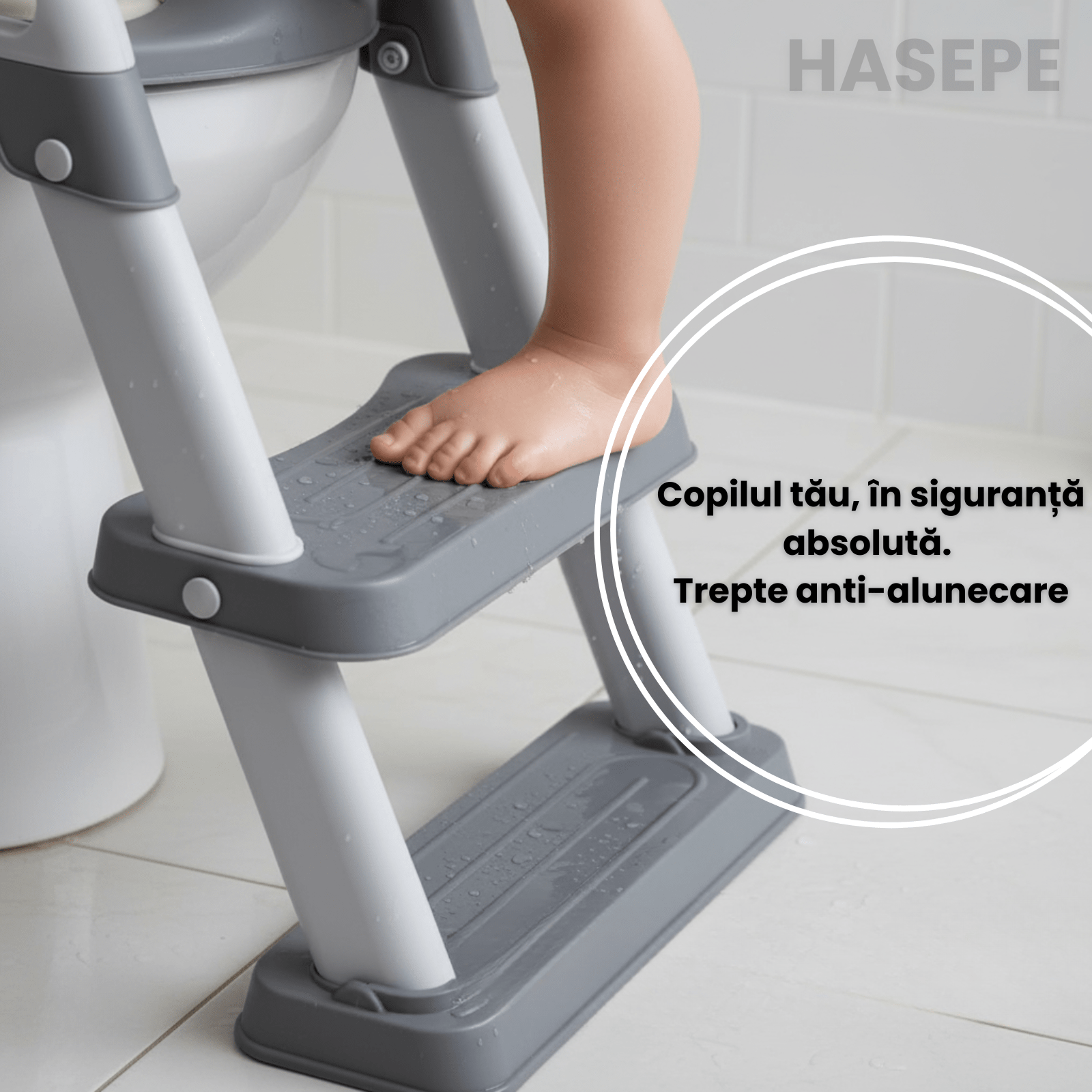 Reductor WC copii cu scarita HASEPE, pliabil, cu trepte si manere antiderapante, sezut moale PU pentru confort sporit, sigur si usor de depozitat - HASEPE